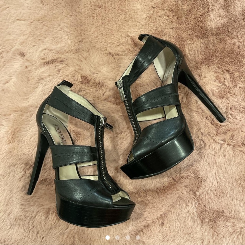 Michael Kors Black Leather Heels with front Zipper